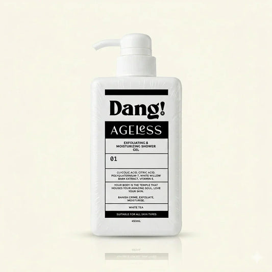 An image of a white bottle with pump and black text agaist an offwhite background